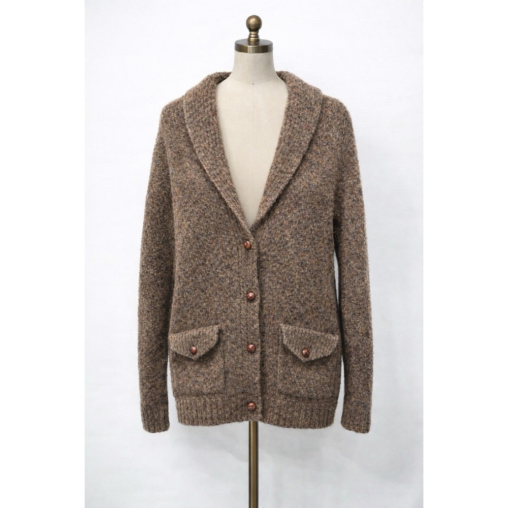 Ralph Lauren Rugby Cardigan M Brown Shetland Wool Shawl Collar Leather Patch